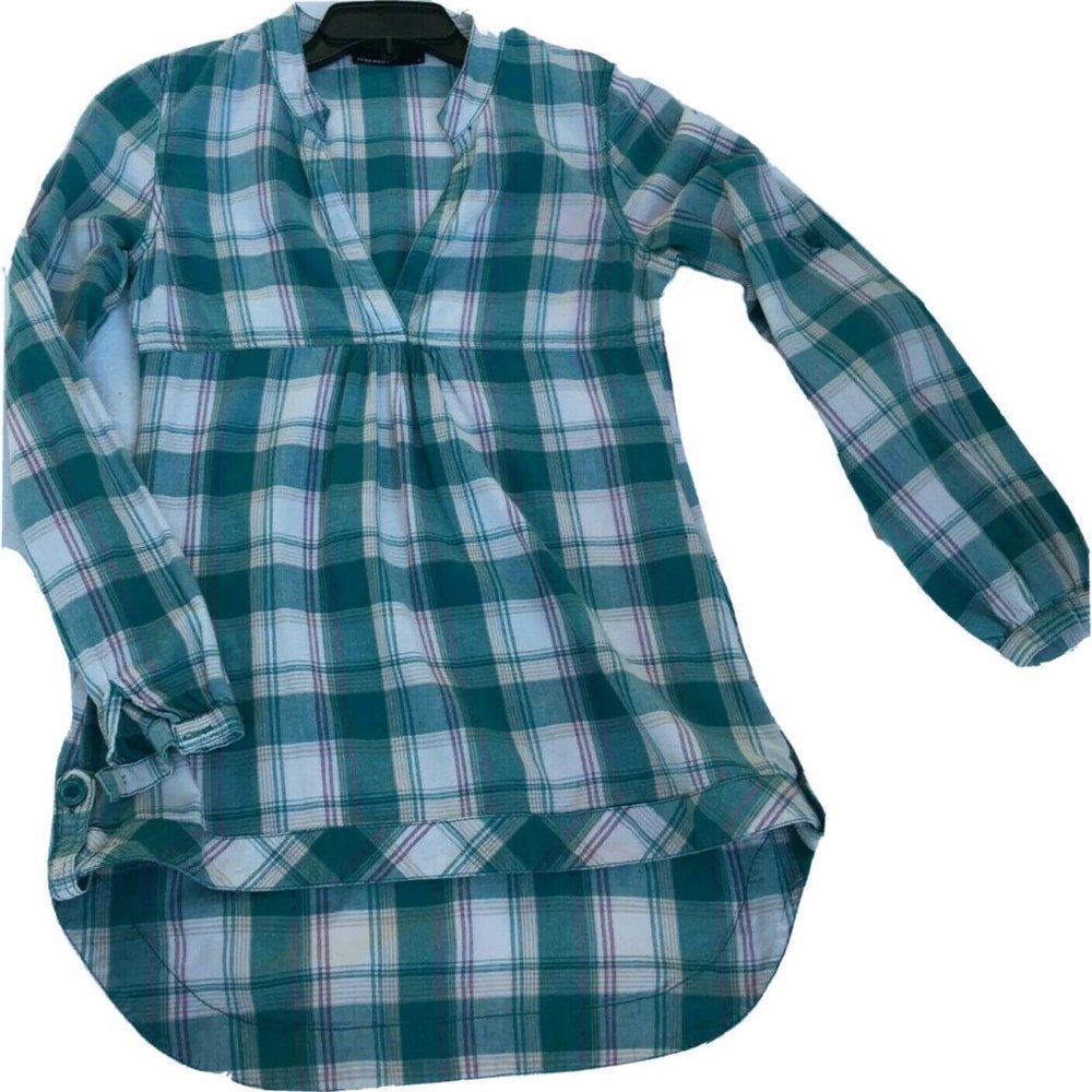 Vero Moda - Turquoise, White Plaid Longsleave Shirt Women Size Smal Cool Buttons